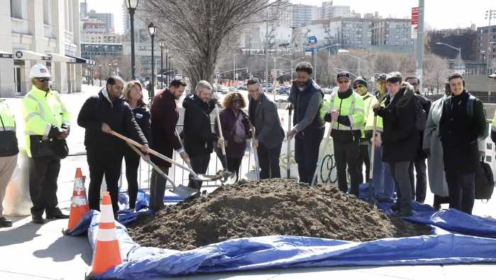 City and elected officials, advocates, and community board leaders break ground on a major infrastructure prpject to rehaul the 161st Streer corridor near Yankee Stadium.