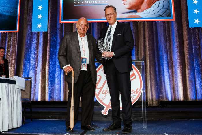 Recently retired president of YES Network John J. Filippelli accepting the "Lifetime Achievement" award at the 46th Annual Yankees Homecoming Dinner on Sunday, April 19.
