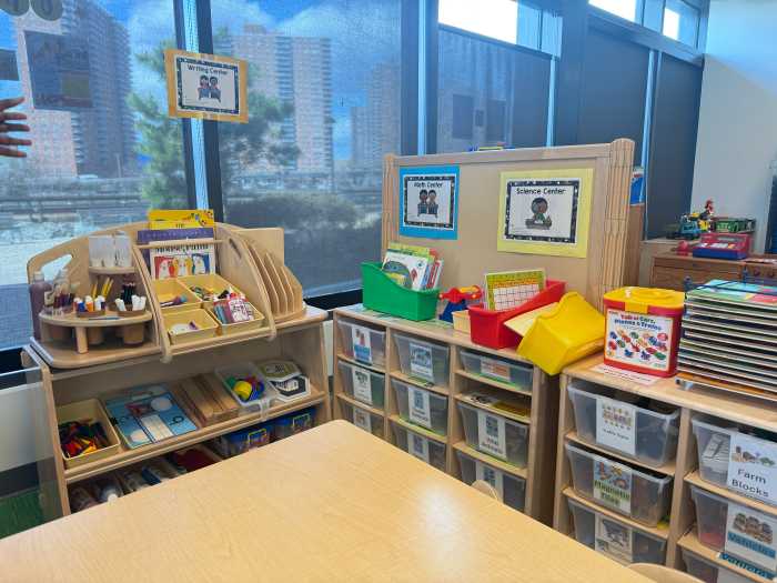 A play station with resources for children focusing on writing, science, and math skills.