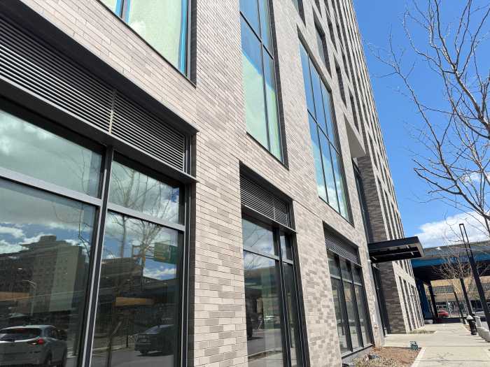 The exterior of the Bronx Point development which sits on the corner of 149th Street and the Major Deegan Expressway.