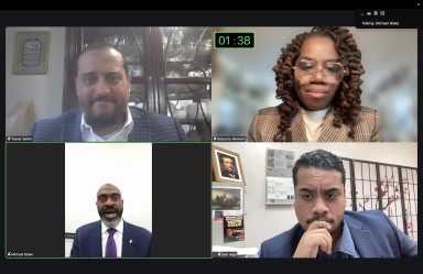 OneNYC Yasser Salem, moderator Dalourny Nemorin and the NY-15 candidates, Michael Blake and Jose Vega.