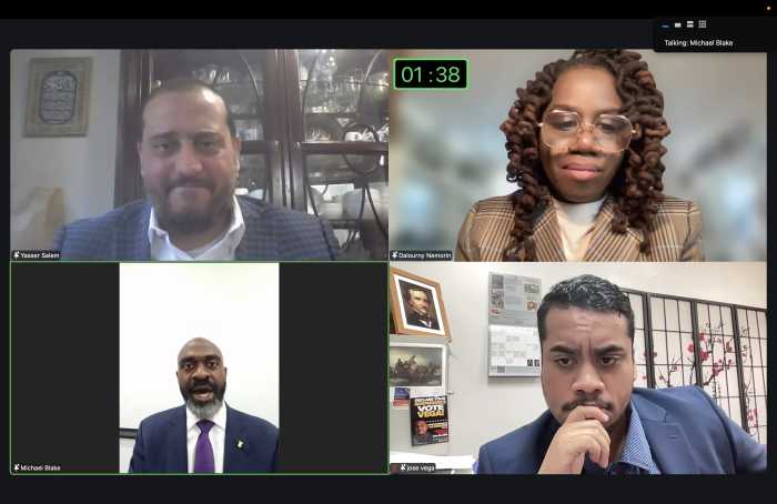 OneNYC Yasser Salem, moderator Dalourny Nemorin and the NY-15 candidates, Michael Blake and Jose Vega.