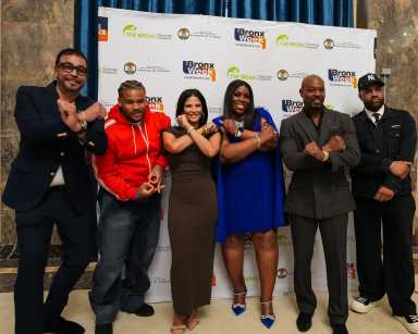 Bronx Walk of Fame honorees. Left to right: Jimmy Rodriguez, Fanum Escanio, Darlene Rodriguez, Bronx Borough President Vanessa Gibson, Darrin Henson, and Lenny Santiago.