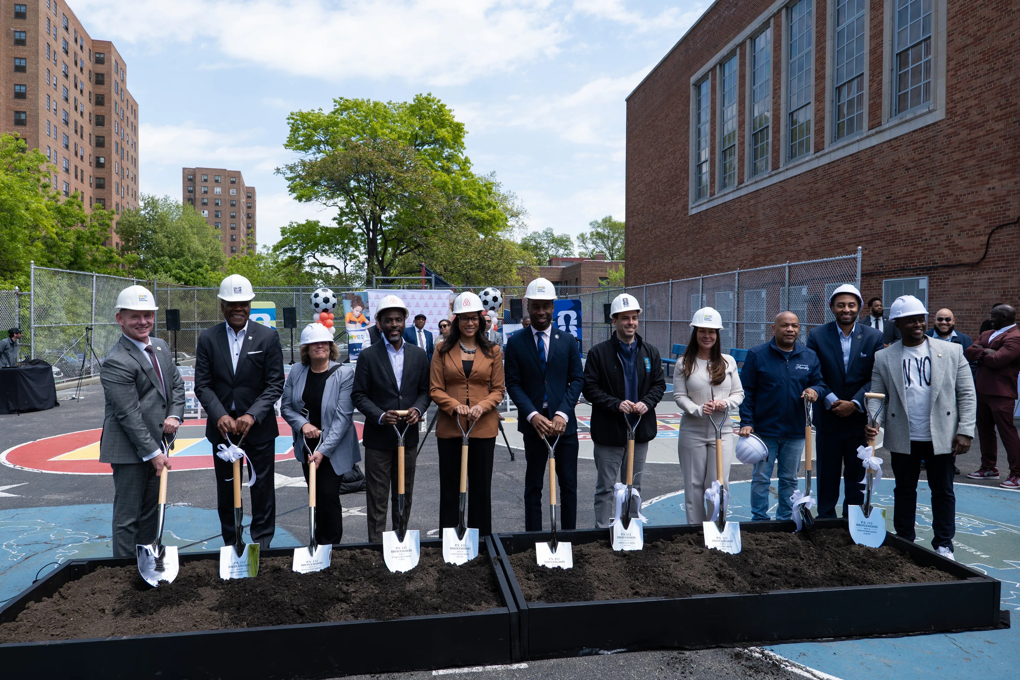 Elected officials and partners from Airbnb, FIFA, the U.S. Soccer Foundation and New York City Public Schools break ground on a new soccer mini-pitch at PS 112 Bronxwood School in the Bronx.