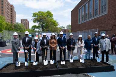 Elected officials and partners from Airbnb, FIFA, the U.S. Soccer Foundation and New York City Public Schools break ground on a new soccer mini-pitch at PS 112 Bronxwood School in the Bronx.