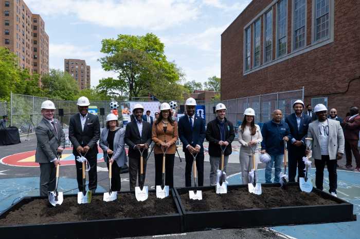 Elected officials and partners from Airbnb, FIFA, the U.S. Soccer Foundation and New York City Public Schools break ground on a new soccer mini-pitch at PS 112 Bronxwood School in the Bronx.