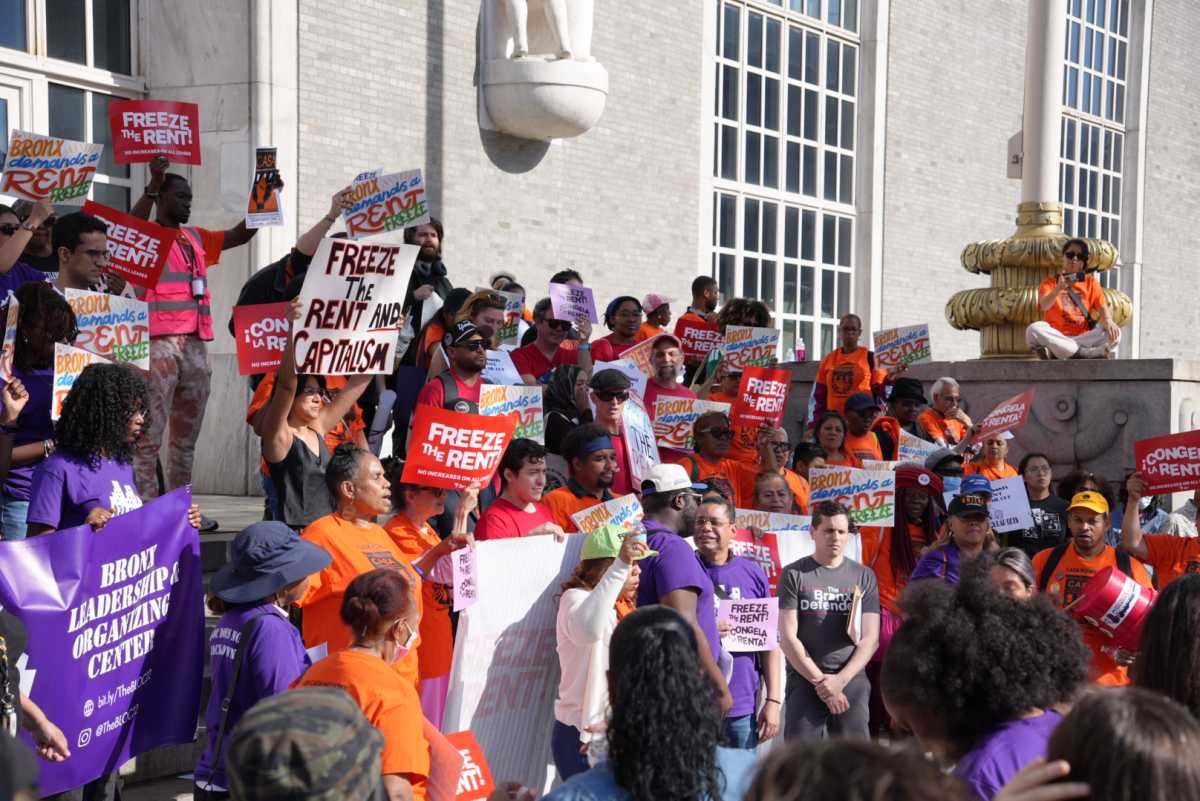 Tenants and members of Bronx Defenders, Community Action for Safe Apartments (CASA), New Settlement, Bronx Leadership Organizing Center, Met Council on Housing, PSC-CUNY and NYC-DSA rally outside of Hostos Community College ahead of the Bronx Rent Guidelines Board meeting.