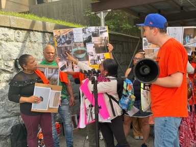 Tenants from 337–341 E. 146th St. and 705 Gerard Ave speak outside of Bronx Housing Court, detailing their experiences living in the David Kleiner-owned buildings and the lack of repairs.