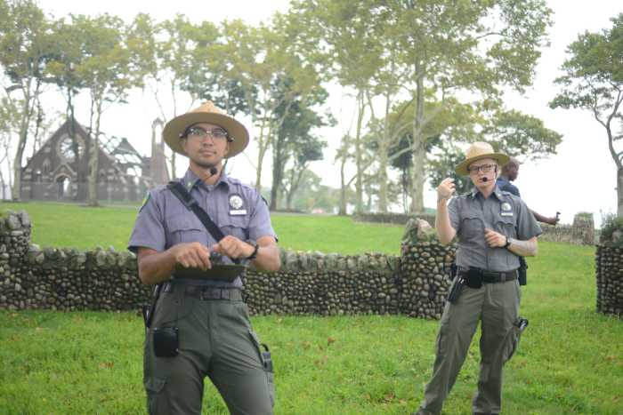 Urban Park Rangers Rafael Cruz and Fi Whalen lead tours through Hart Island.