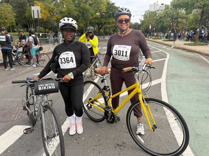 First time participants, Denise Rosado Adusei and Clair Francis, prepare to start the Tour de Bronx 10-mile route.